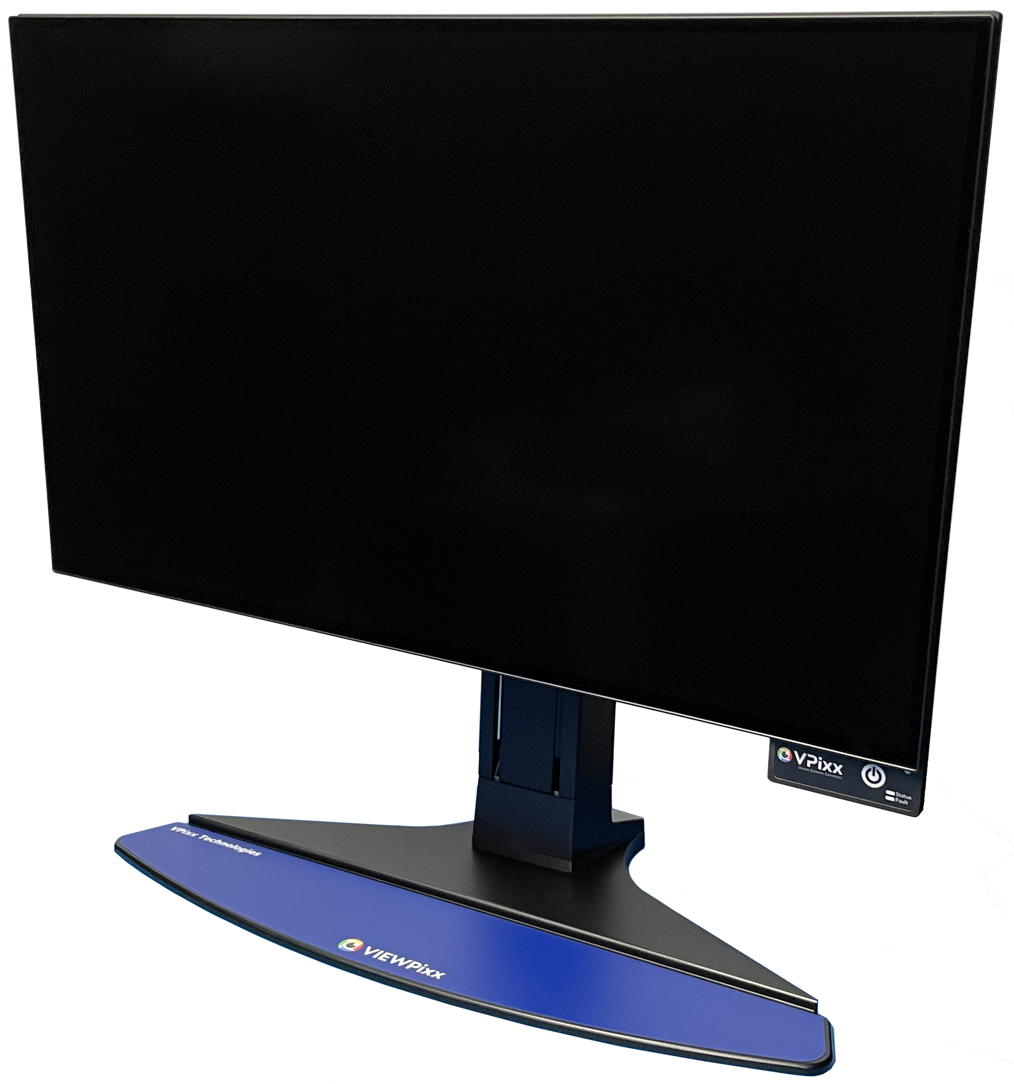 A picture of the VIEWPIxx3 /OLED monitor. It is a slim black monitor on a sleek stand with a base in VPixx Blue.